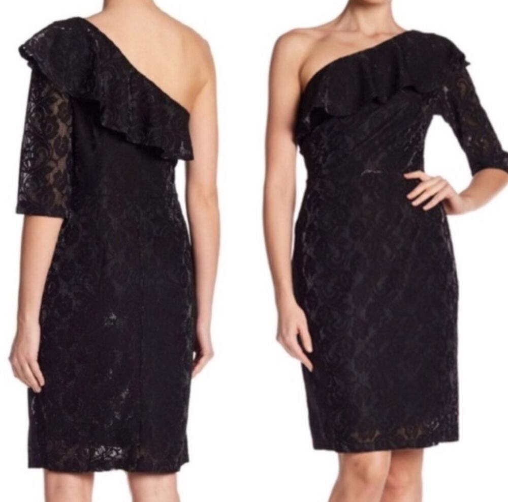 NWT Superfoxx Black Jacquard One Shoulder Ruffle Sheath Dress. Size M.